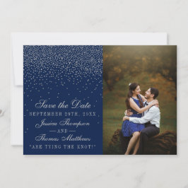 Navy Blue & Glam Silver Confetti trouwfoto Save The Date