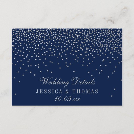 Navy Blue & Glam Silver Confetti trouwgegevens Informatiekaartje (Voorkant)