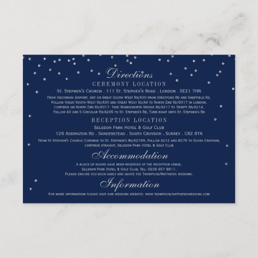 Navy Blue & Glam Silver Confetti trouwgegevens Informatiekaartje (Achterkant)