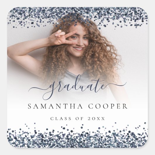 Navy Blue Glitter Afstudeerder Fotonaam klasse jaa Vierkante Sticker (Voorkant)