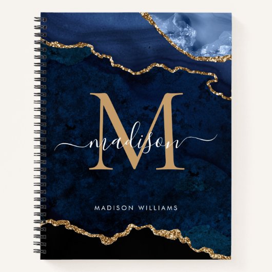 Navy Blue Glitter Agate Geode Monogram Notitieboek (Voorkant)
