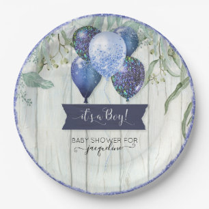 Navy Blue Glitter Balloons Eucalyptus Baby shower Papieren Bordje