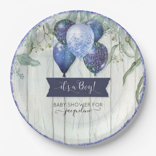 Navy Blue Glitter Balloons Eucalyptus Baby shower Papieren Bordje (Voorkant)