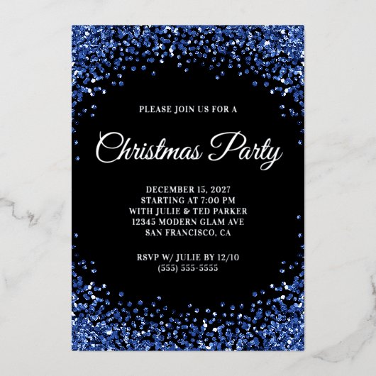 Navy Blue Glitter Border Black Christmas Party Folie Uitnodiging (Voorkant)