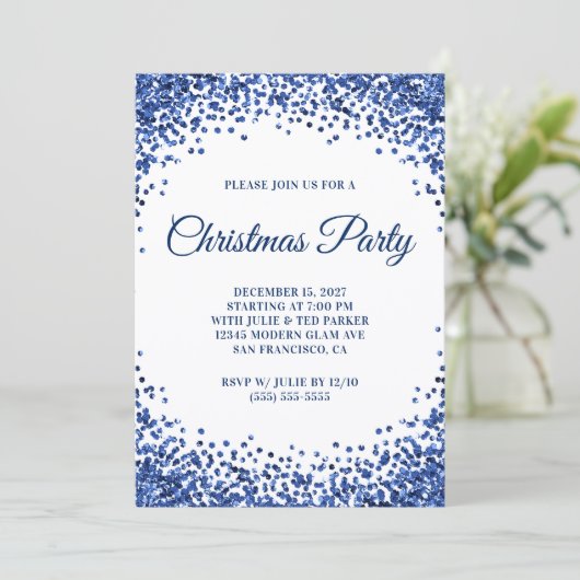 Navy Blue Glitter Border White Christmas Party Kaart (Staand voorkant)