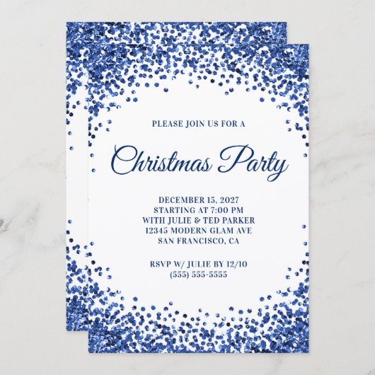 Navy Blue Glitter Border White Christmas Party Kaart (Voorkant / Achterkant)