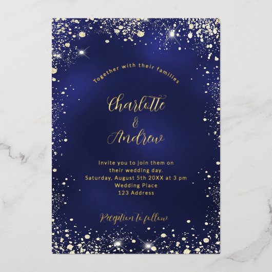 Navy Blue Glitter bruiloft Folie Uitnodiging (Voorkant)