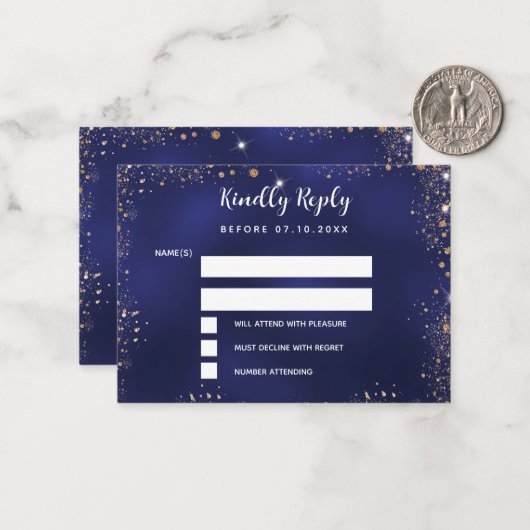 Navy Blue Glitter bruiloft RSVP Notitiekaartje (Voorkant / Achterkant in situ)