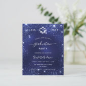 Navy blue glitter budget afstuderen uitnodiging (Staand voorkant)