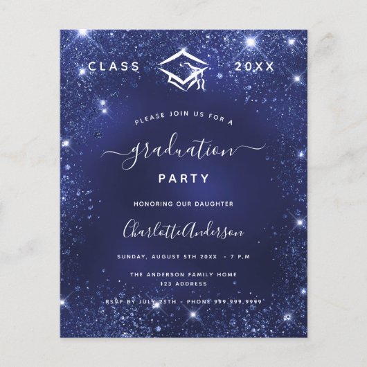 Navy blue glitter budget afstuderen uitnodiging (Voorkant)
