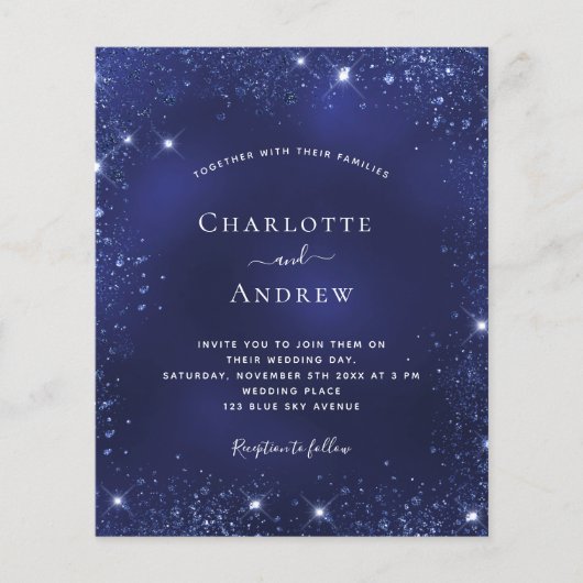 Navy blue glitter budget bruiloft uitnodiging flyer (Voorkant)
