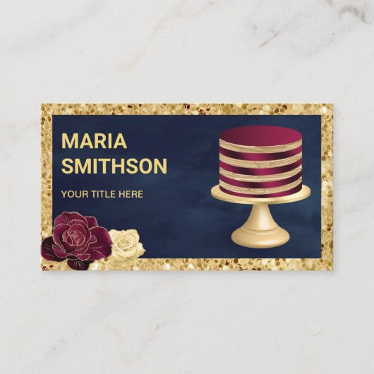 Navy Blue Glitter Burgundy Stripe Cake Bakery Visitekaartje (Voorkant)