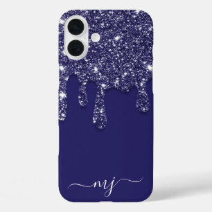 Navy Blue Glitter Drip Aangepaste Monogram iPhone 16 Plus Hoesje