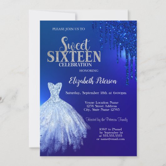 Navy Blue Glitter Drips, Dress Blue Sweet 16 Kaart (Voorkant)