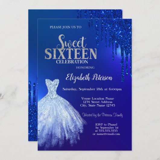Navy Blue Glitter Drips, Dress Blue Sweet 16 Kaart (Voorkant / Achterkant)