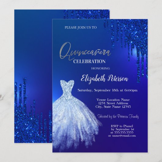 Navy Blue Glitter Drivers, Dress Blue Quinceañera Kaart (Voorkant / Achterkant)