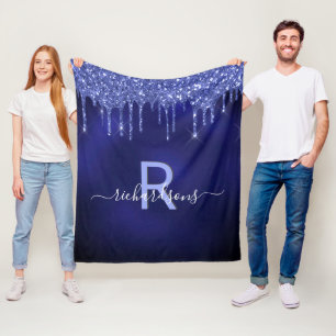 Navy blue glitter druppelt monogram initiale naam fleece deken