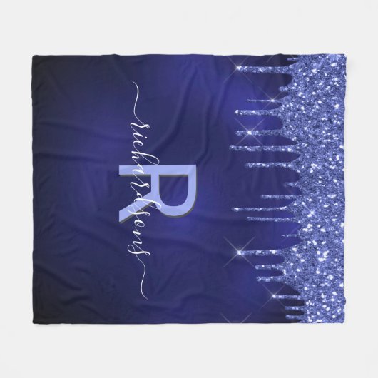 Navy blue glitter druppelt monogram initiale naam fleece deken (Voorkant (Horizontaal))