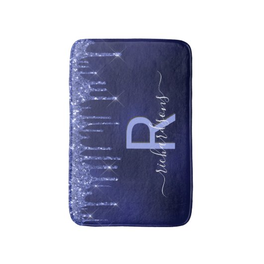 Navy blue glitter druppelt monogram naam badmat (Voorkant Verticaal)