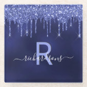 Navy blue glitter druppelt monogram naam glazen onderzetter (Voorkant)