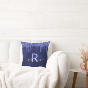 Navy blue glitter druppelt monogram naam kussen