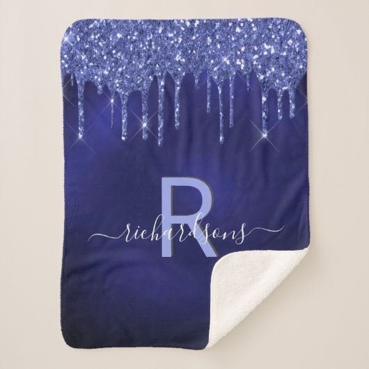 Navy blue glitter druppelt monogram naam sherpa deken (Voorkant)