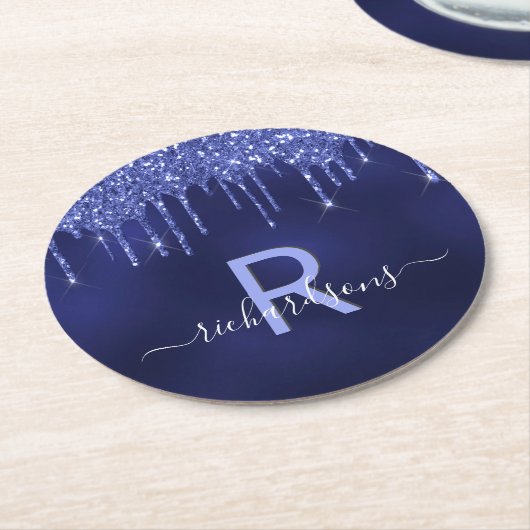 Navy blue glitter druppelt monogram script ronde kartonnen onderzetter (Gebogen)