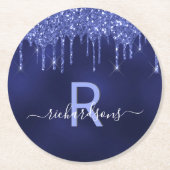 Navy blue glitter druppelt monogram script ronde kartonnen onderzetter (Voorkant)