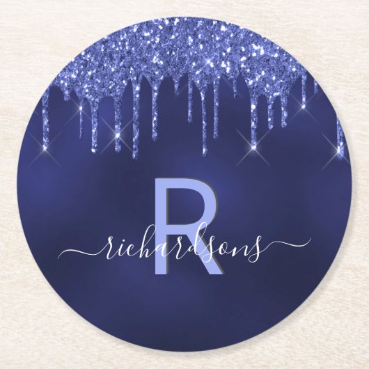 Navy blue glitter druppelt monogram script ronde kartonnen onderzetter (Voorkant)