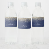 Navy Blue Glitter Elegant Monogram Naam Waterfles Etiket (Flessen)