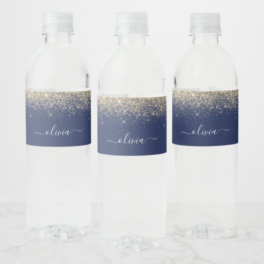 Navy Blue Glitter Elegant Monogram Naam Waterfles Etiket (Flessen)