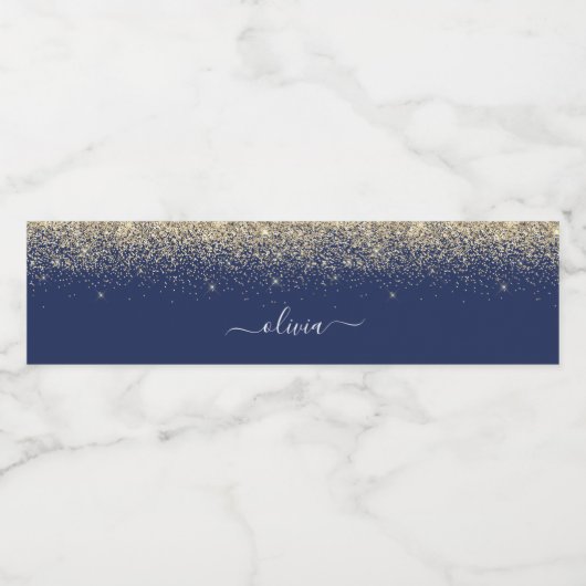 Navy Blue Glitter Elegant Monogram Naam Waterfles Etiket (Enkel label)
