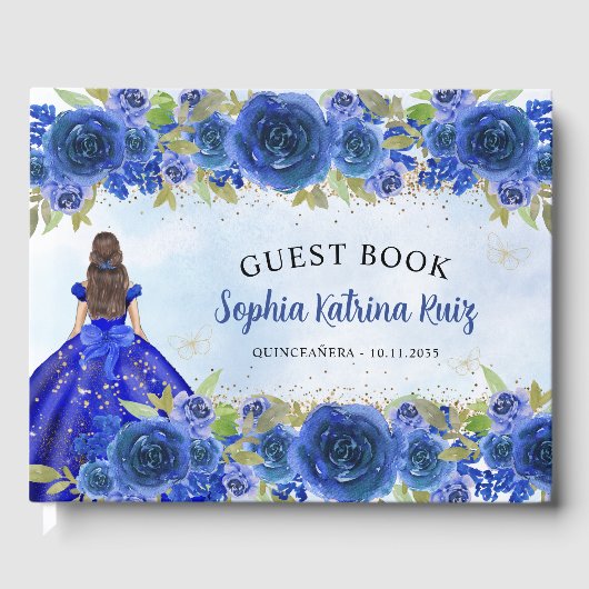 Navy Blue Glitter Floral Princess Quinceañera Gastenboek (Voorkant)
