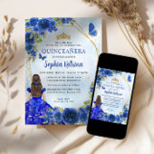 Navy Blue Glitter Floral Princess Quinceañera Kaart