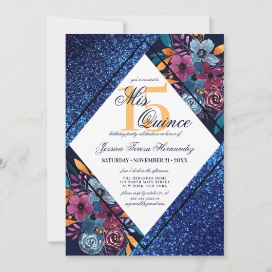 Navy Blue Glitter Floral Waterverf Mis Quince Kaart (Voorkant)