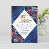 Navy Blue Glitter Floral Waterverf Mis Quince Kaart (Staand voorkant)