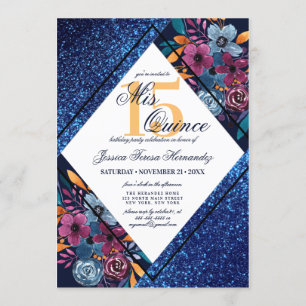 Navy Blue Glitter Floral Waterverf Mis Quince Kaart