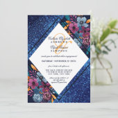 Navy Blue Glitter Floral Waterverf Verloving Kaart (Staand voorkant)