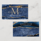 Navy Blue Glitter Marble Agate Monogram Visitekaartje (Voorkant / Achterkant)