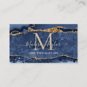 Navy Blue Glitter Marble Agate Monogram Visitekaartje