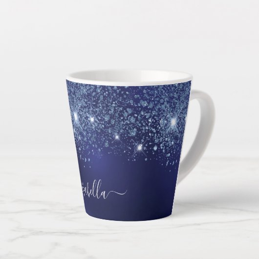 Navy blue glitter monogram name script latte mok (Rechterhoek)