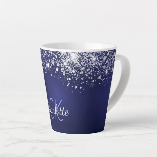 Navy blue glitter monogram name script latte mok (Rechterhoek)