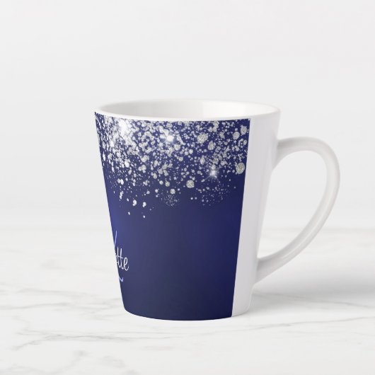 Navy blue glitter monogram name script latte mok (Rechts)