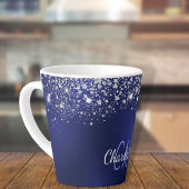 Navy blue glitter monogram name script latte mok