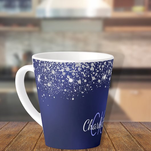 Navy blue glitter monogram name script latte mok