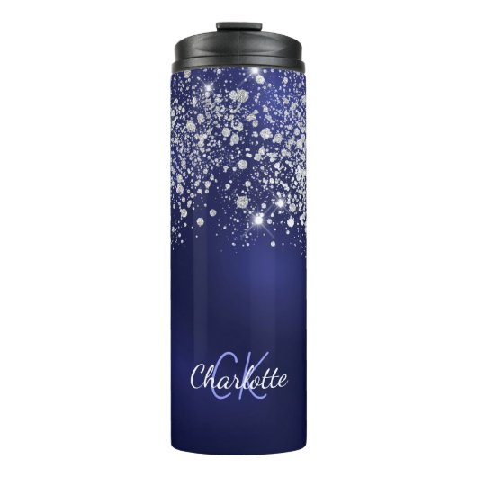 Navy blue glitter monogram name script thermosbeker (Voorkant)