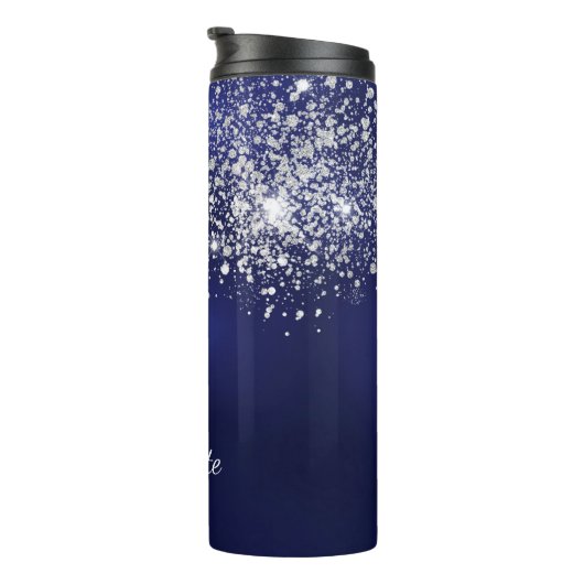 Navy blue glitter monogram name script thermosbeker (Geroteerd rechts)