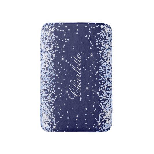Navy blue glitter name monogram elegant badmat (Voorkant Verticaal)