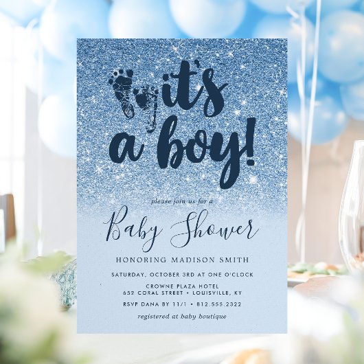 Navy Blue Glitter Ombre Het is een Boy Baby shower Kaart