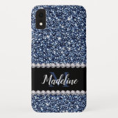 Navy Blue Glitter & Pareltjes met naam en monogram Case-Mate iPhone Case (Achterkant)